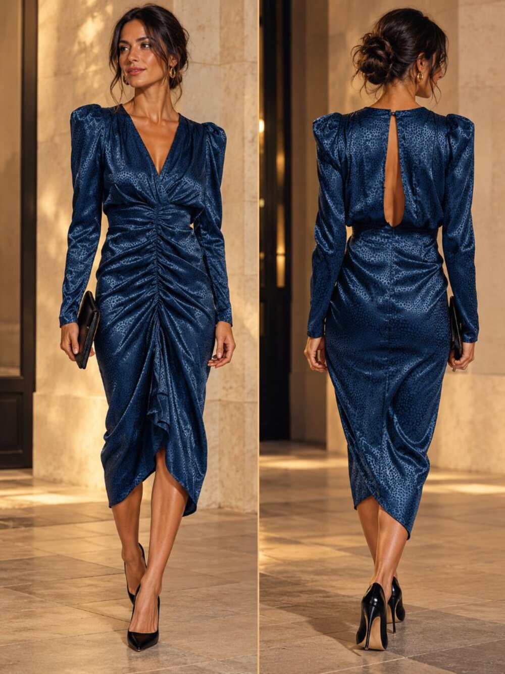 NWT TORN BY RONNY KOBO Astrid Navy Ruched Satin Midi Dress Wedding Guest Chic S